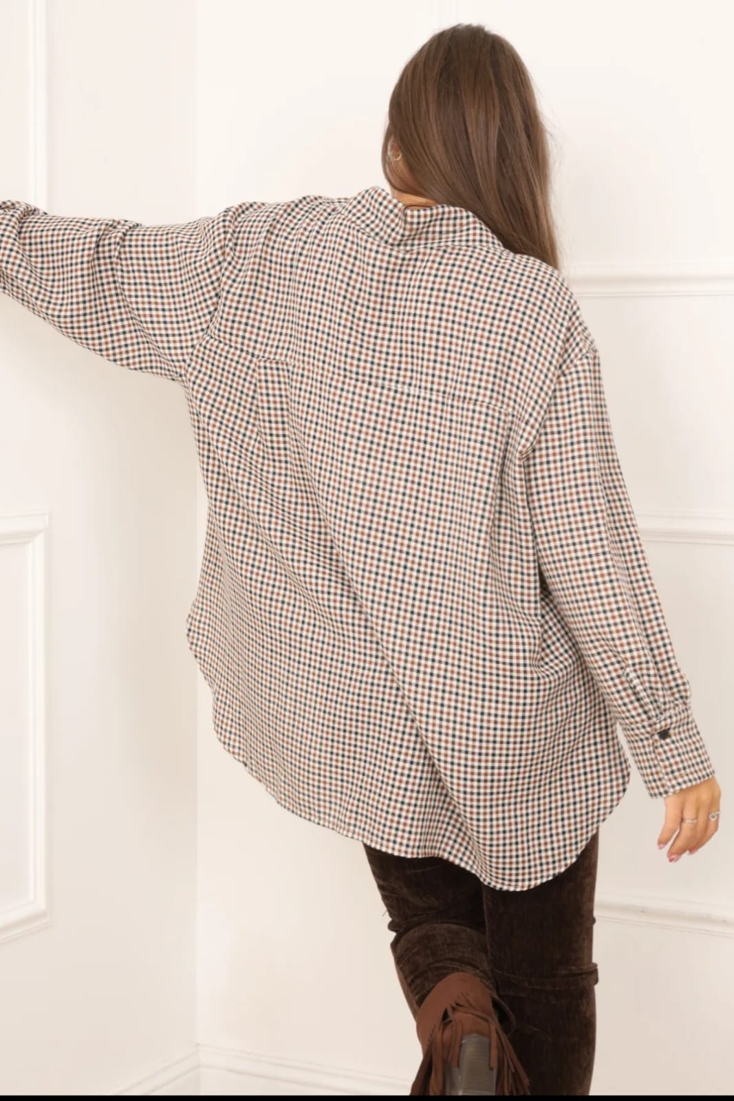 Chemise oversize à carreaux beige et marron