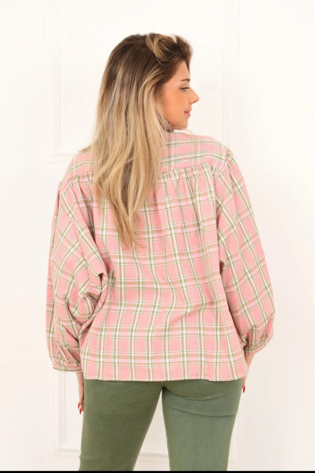 Chemise Carreaux Rose et Verte - Col Montant Volants