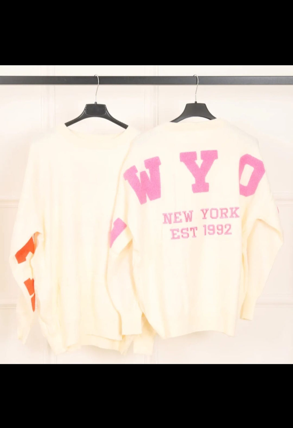 Sweat-shirt NEW YORK - Écru avec Inscription Rose
