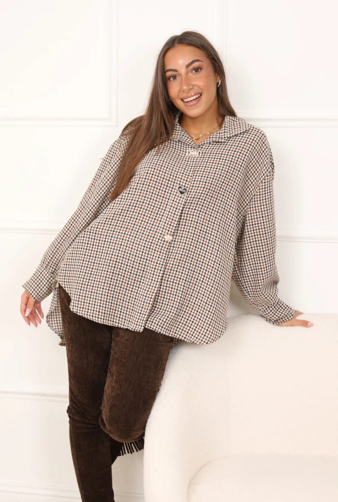 Chemise oversize à carreaux beige et marron