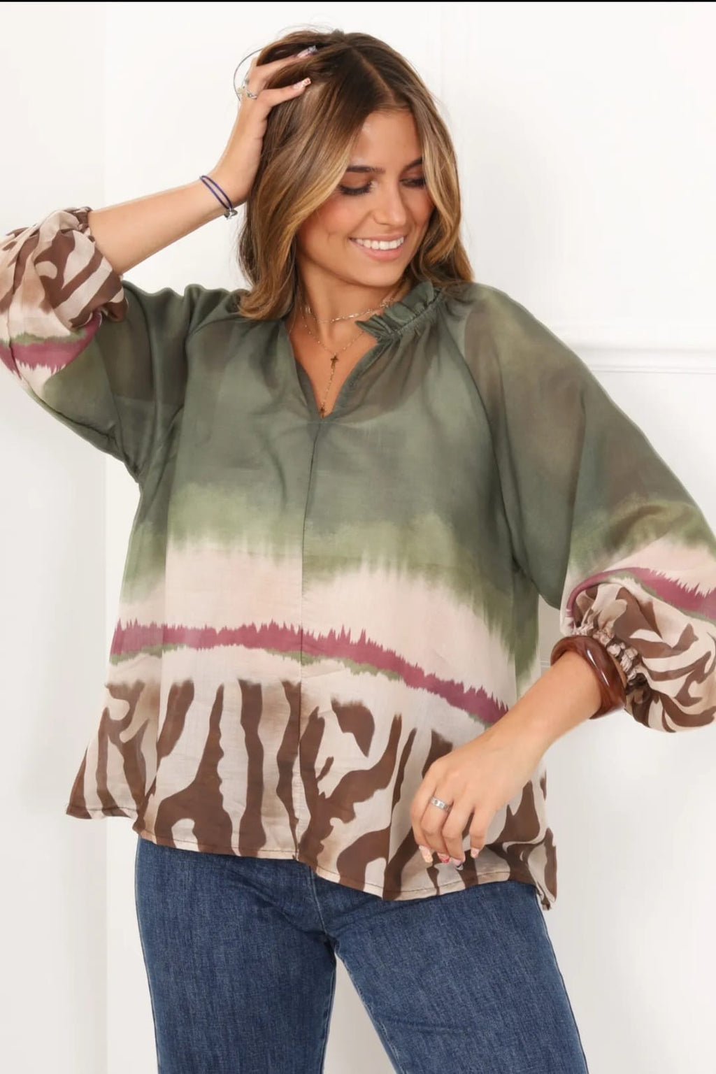 Blouse fluide imprimé tie & dye vert/marron