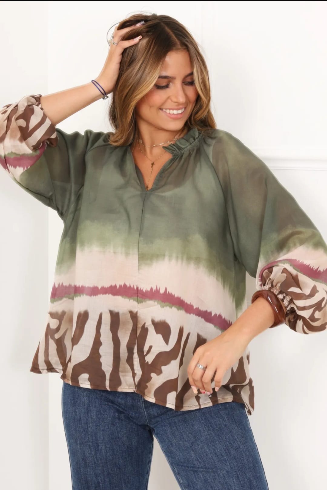 Blouse fluide imprimé tie & dye vert/marron