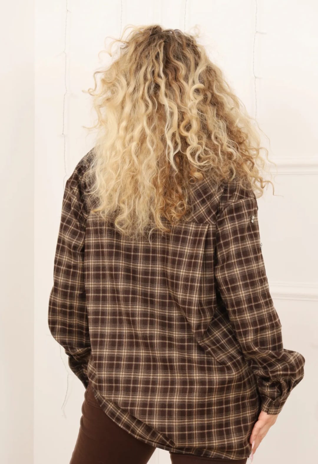 Chemise à Carreaux Oversize avec Perles