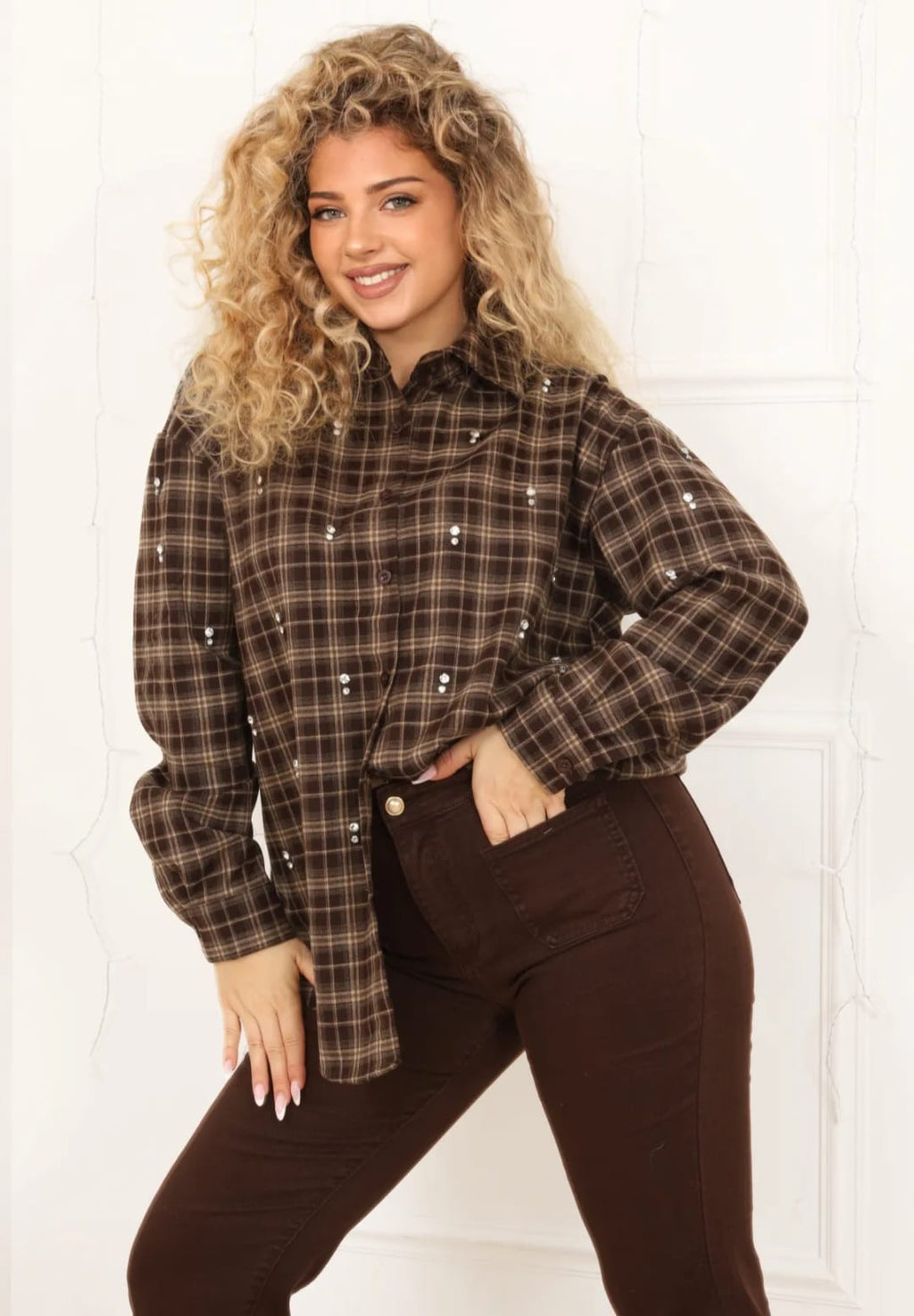 Chemise à Carreaux Oversize avec Perles