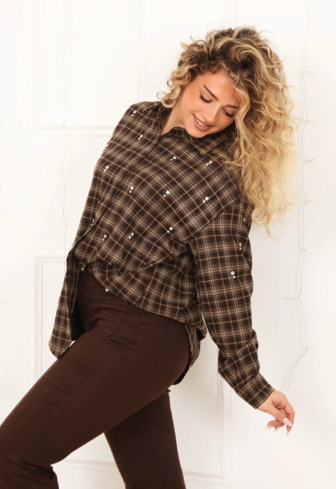 Chemise à Carreaux Oversize avec Perles