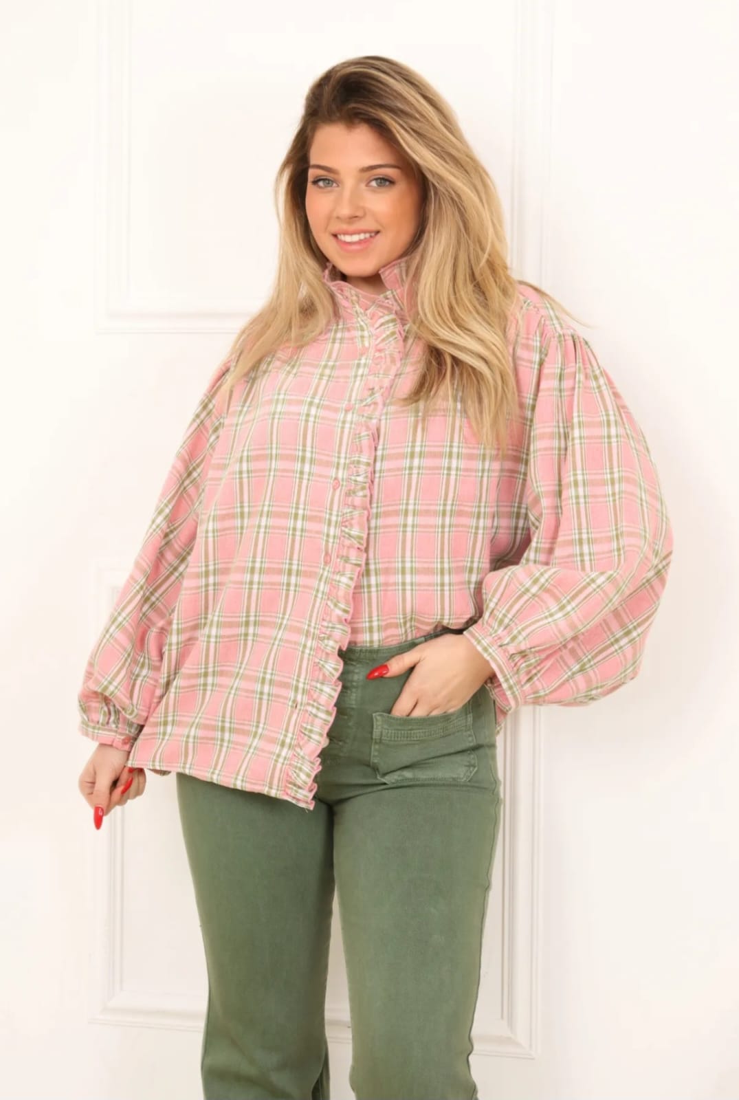 Chemise Carreaux Rose et Verte - Col Montant Volants