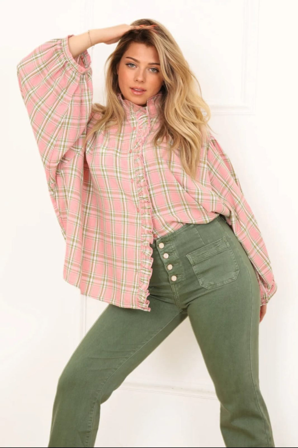 Chemise Carreaux Rose et Verte - Col Montant Volants