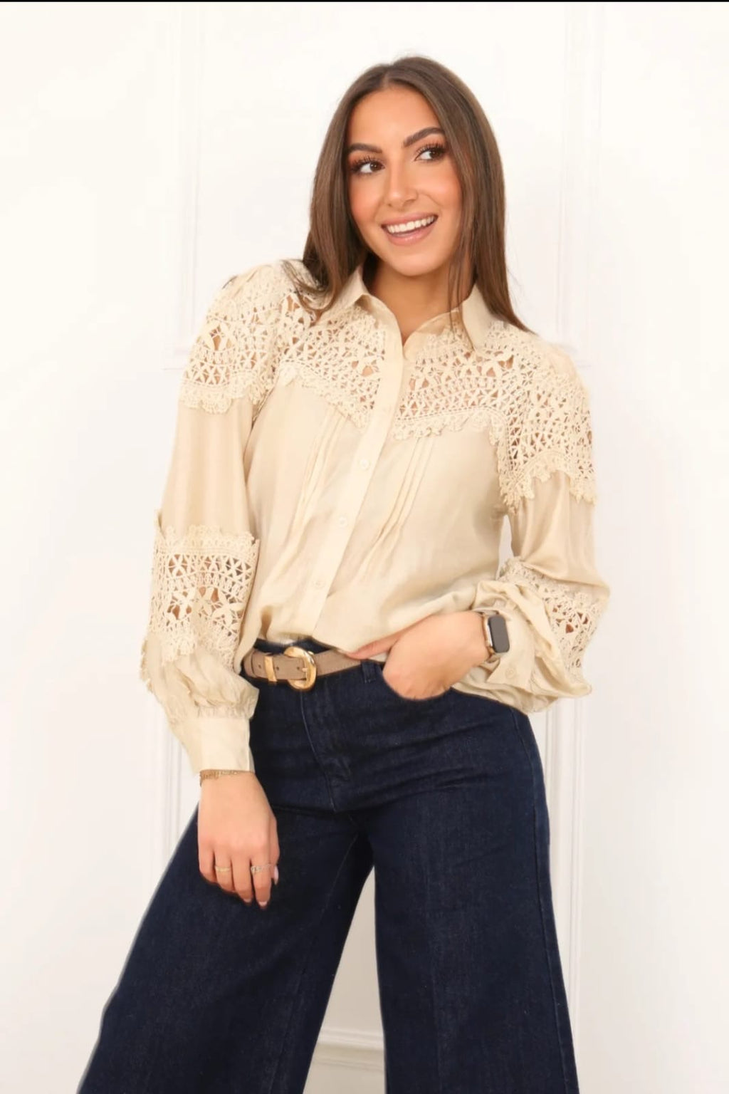 Chemise - Dentelle Manches Ballon Beige